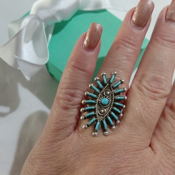 Sterling Silver Zuni Philander Gia Turquoise Petit Point Ring , Size 8.25 - Picture 6 of 9